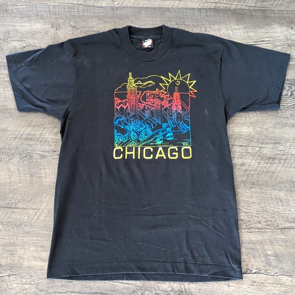 Vintage Chicago Cartoon Sun City Skyline Screen Stars Made in USA Tshirt Size L